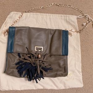 Deux lux 2 tone leather crossbody bag, gold hardware and original drawstring bag